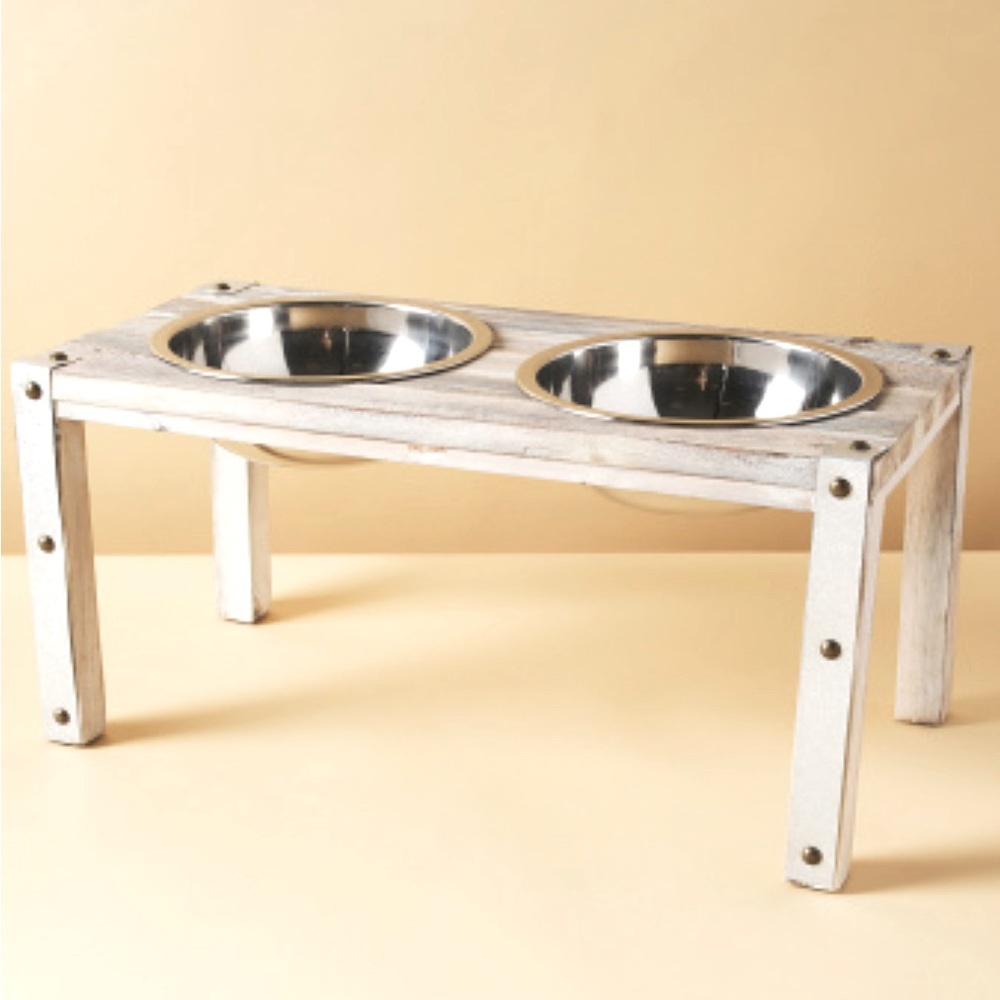 Rustic grey wash wood raised dog feeder (small)